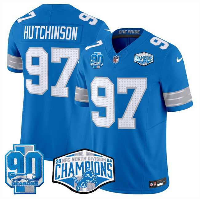 Men%27s Detroit Lions #97 Aidan Hutchinson Blue 2024 NFC North Champions 90th Anniversary Patch F.U.S.E. Vapor Limited Stitched Jersey